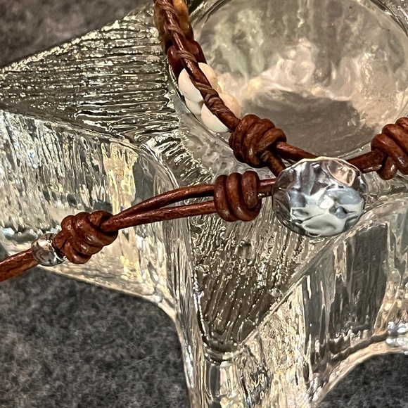 Leather Wrap Bracelet - Red Creek Jasper, Serpentine Jade, Silver Artisan Button - Picture 7 of 8